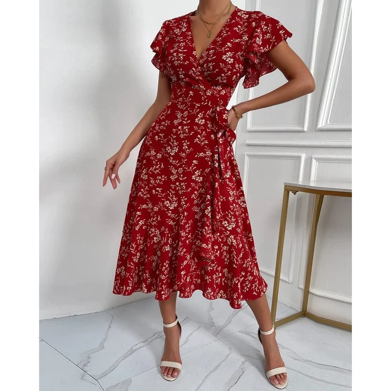 Robe midi fleurie rouge avec manches volants