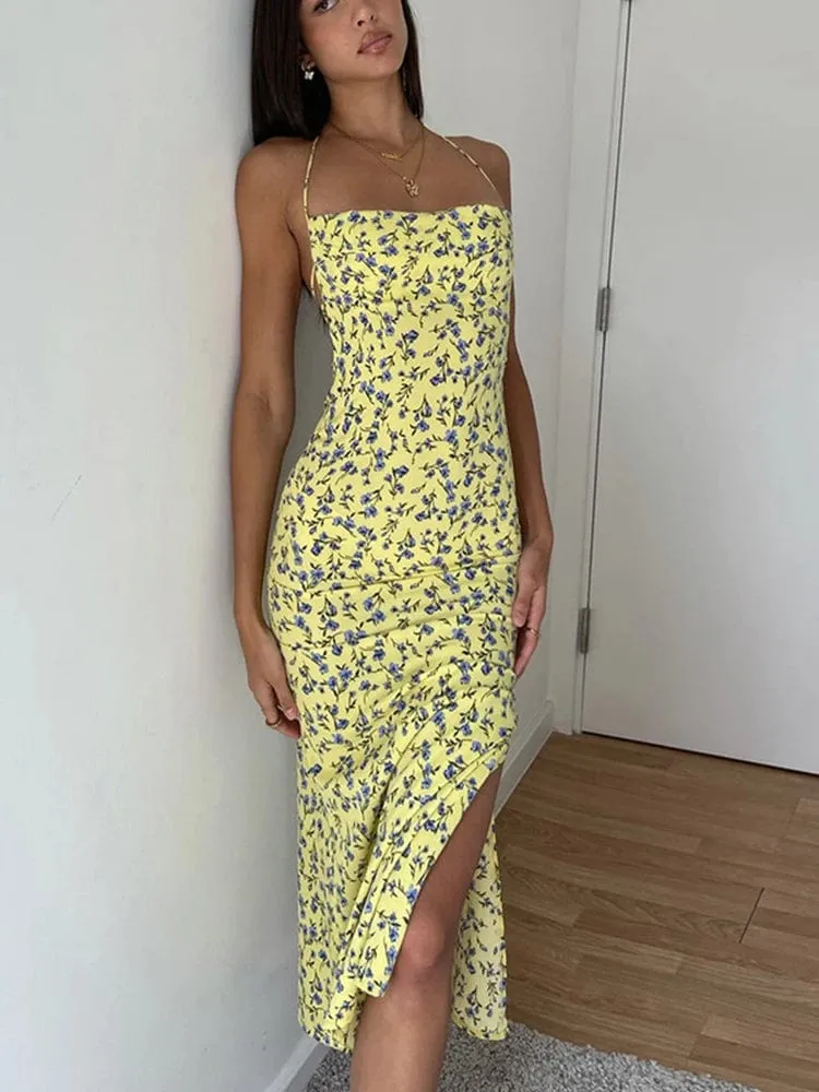 Robe d'été dos nu jaune fleurie