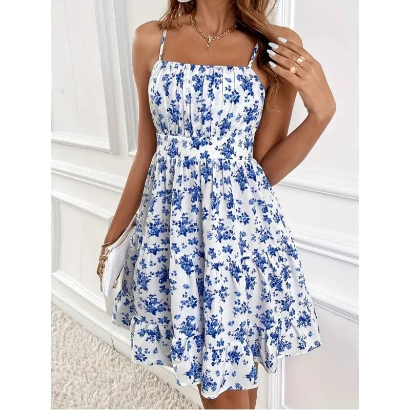 Robe courte bohème bleue et blanche
