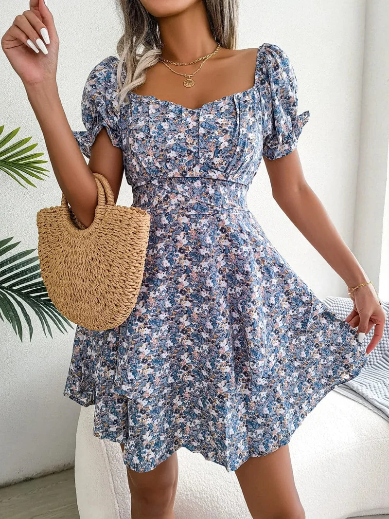 Robe bohème courte fleurie bleue