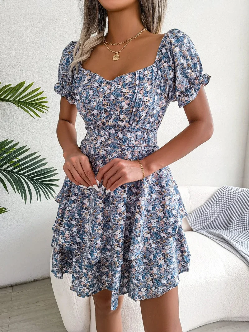 Robe bohème courte fleurie bleue