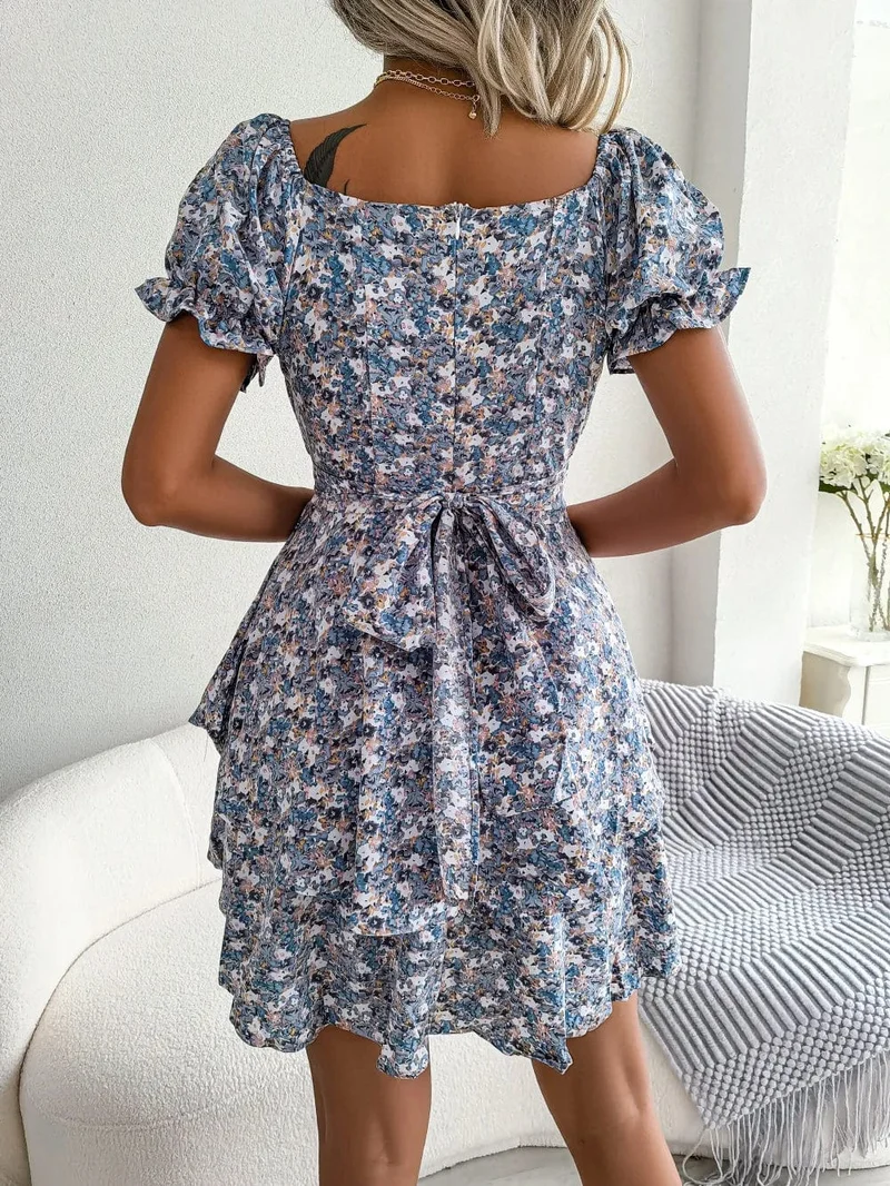 Robe bohème courte fleurie bleue