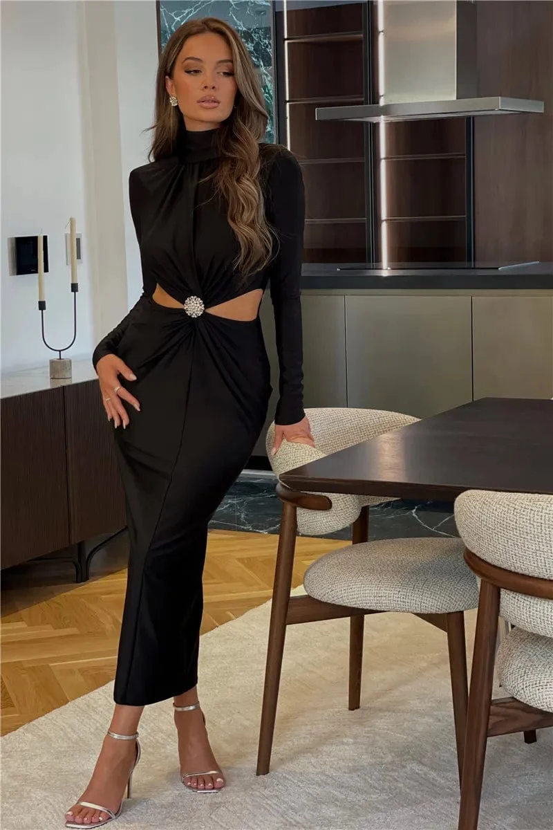 Robe de soirée manche longue col roulé