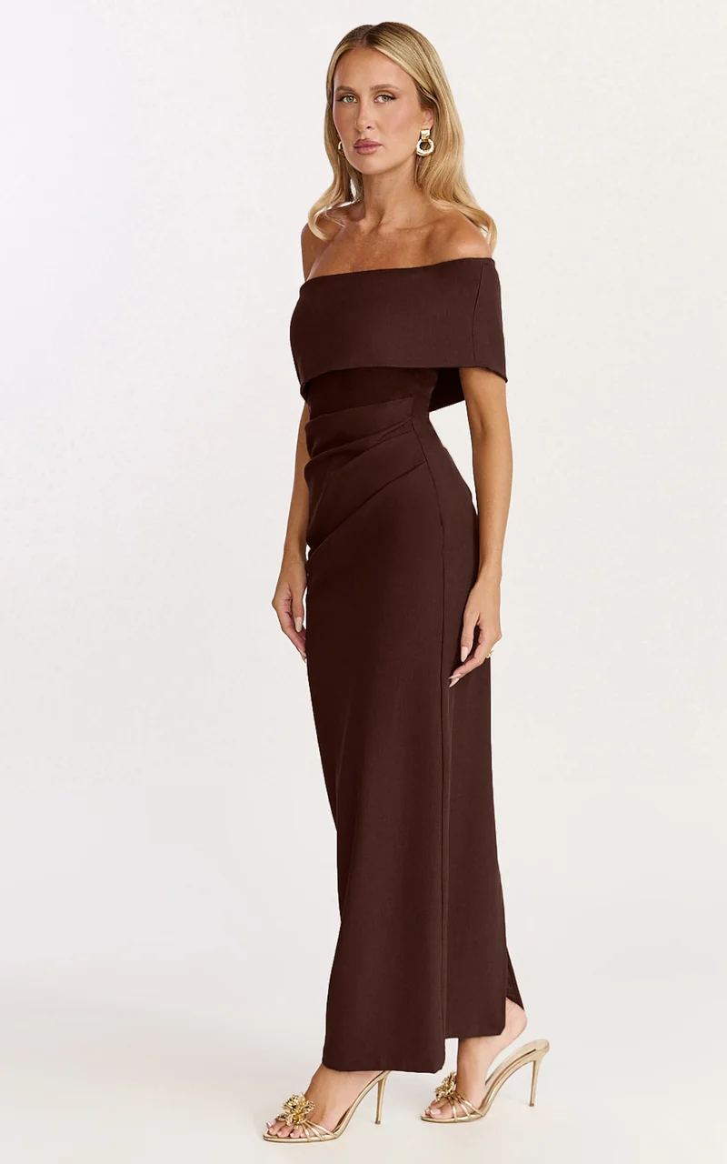Pearce Maxi Dress - Gathered One Sleeve Bodycon Dress in Brown