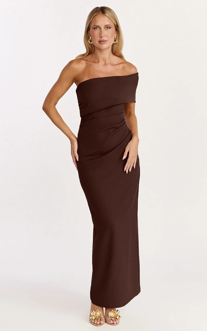 Pearce Maxi Dress - Gathered One Sleeve Bodycon Dress in Brown