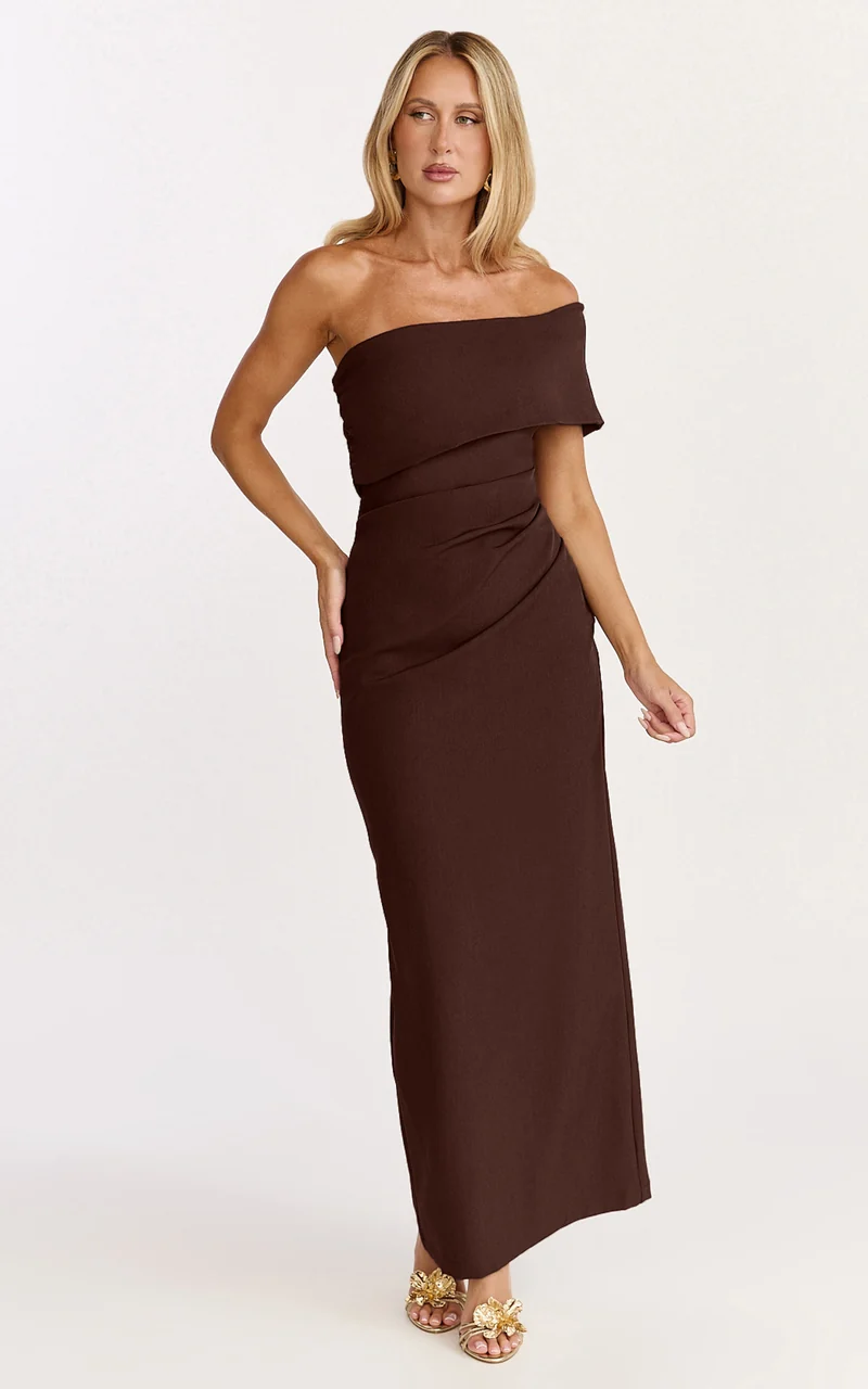 Pearce Maxi Dress - Gathered One Sleeve Bodycon Dress in Brown