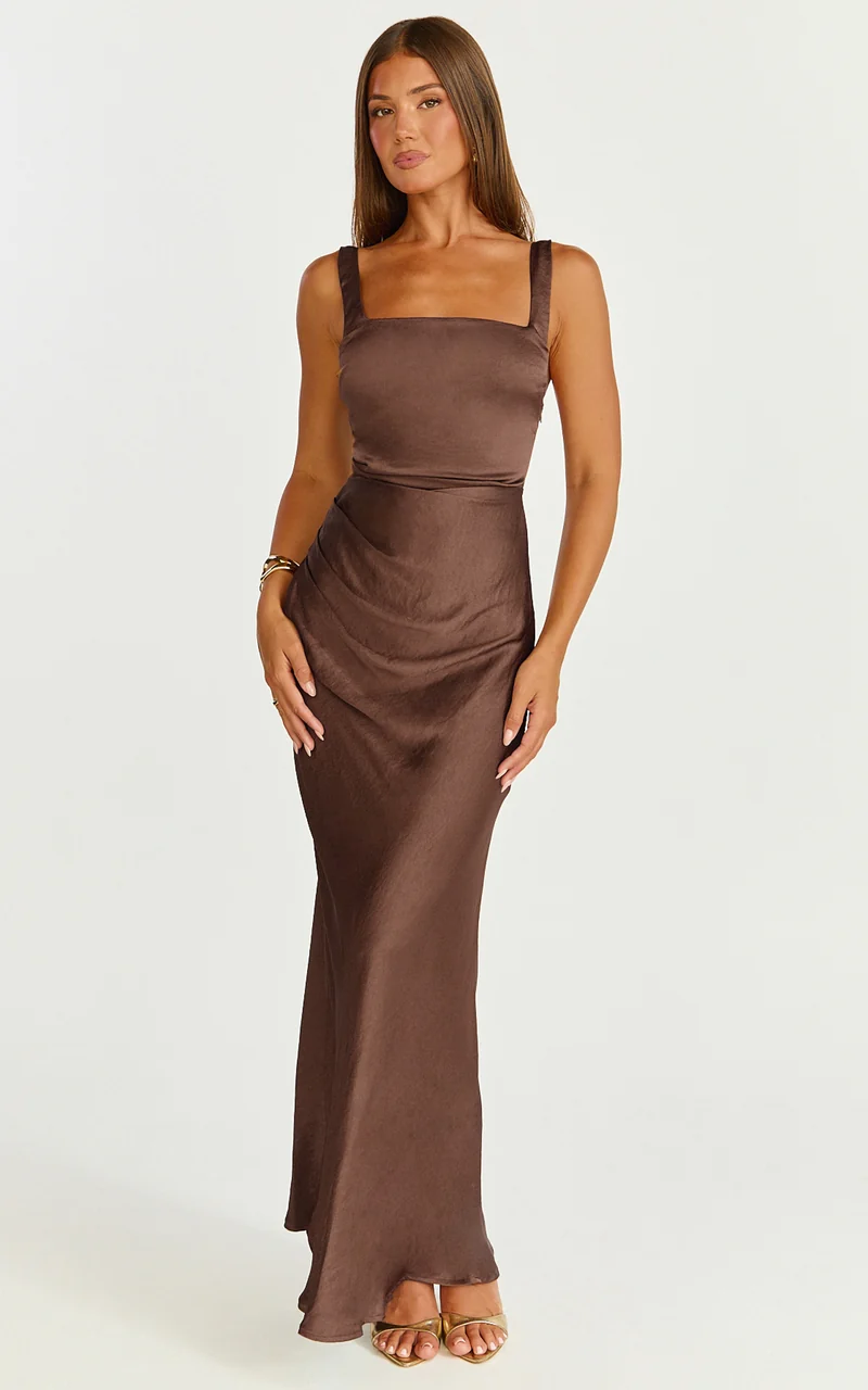 Rumi Midi Dress - Ruched Bodice Satin Dress in Chocolate