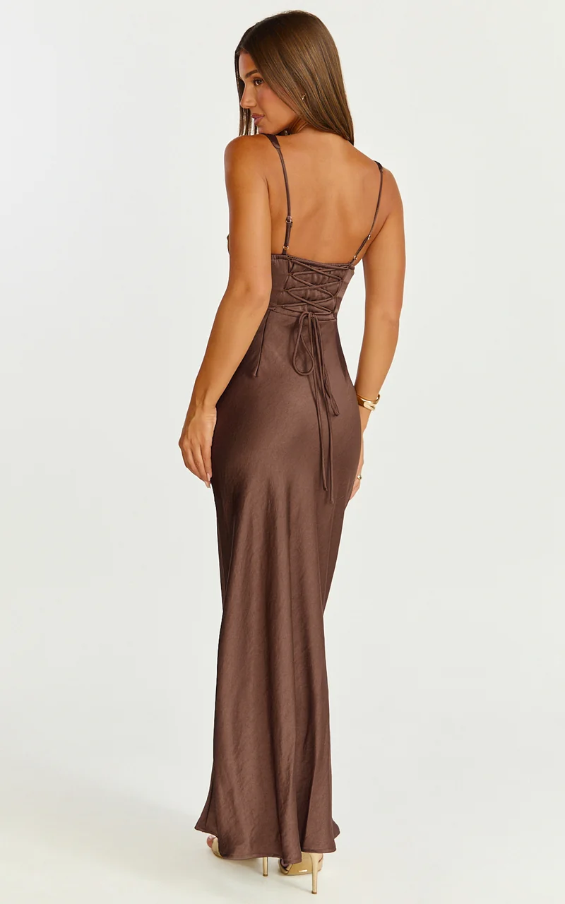 Rumi Midi Dress - Ruched Bodice Satin Dress in Chocolate
