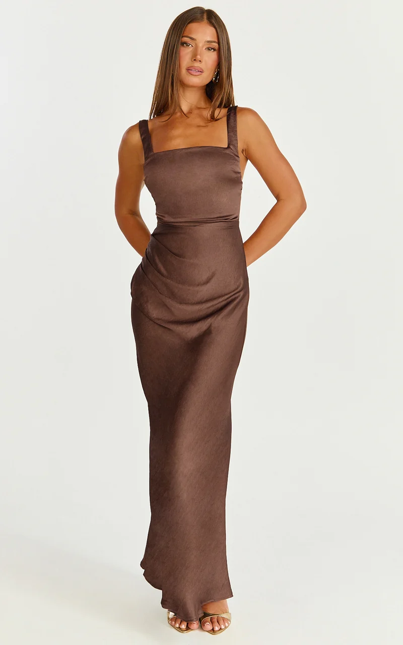Rumi Midi Dress - Ruched Bodice Satin Dress in Chocolate