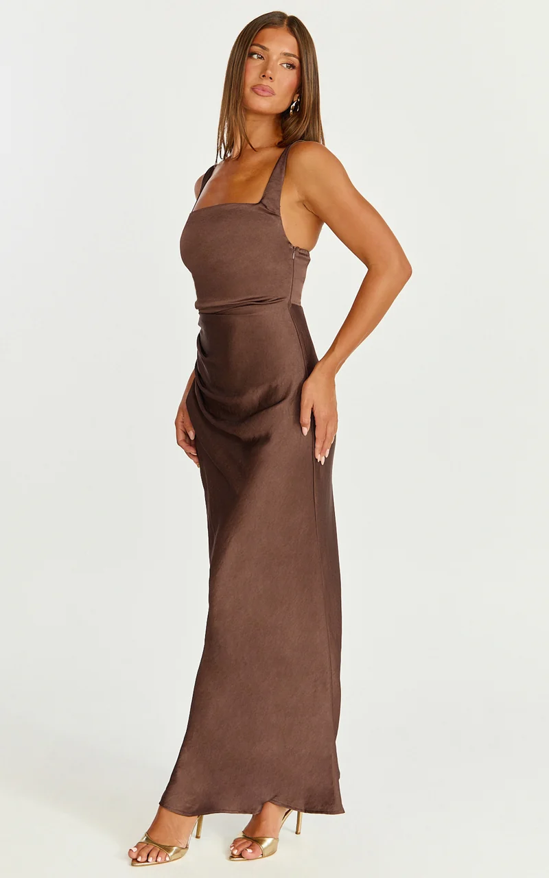 Rumi Midi Dress - Ruched Bodice Satin Dress in Chocolate
