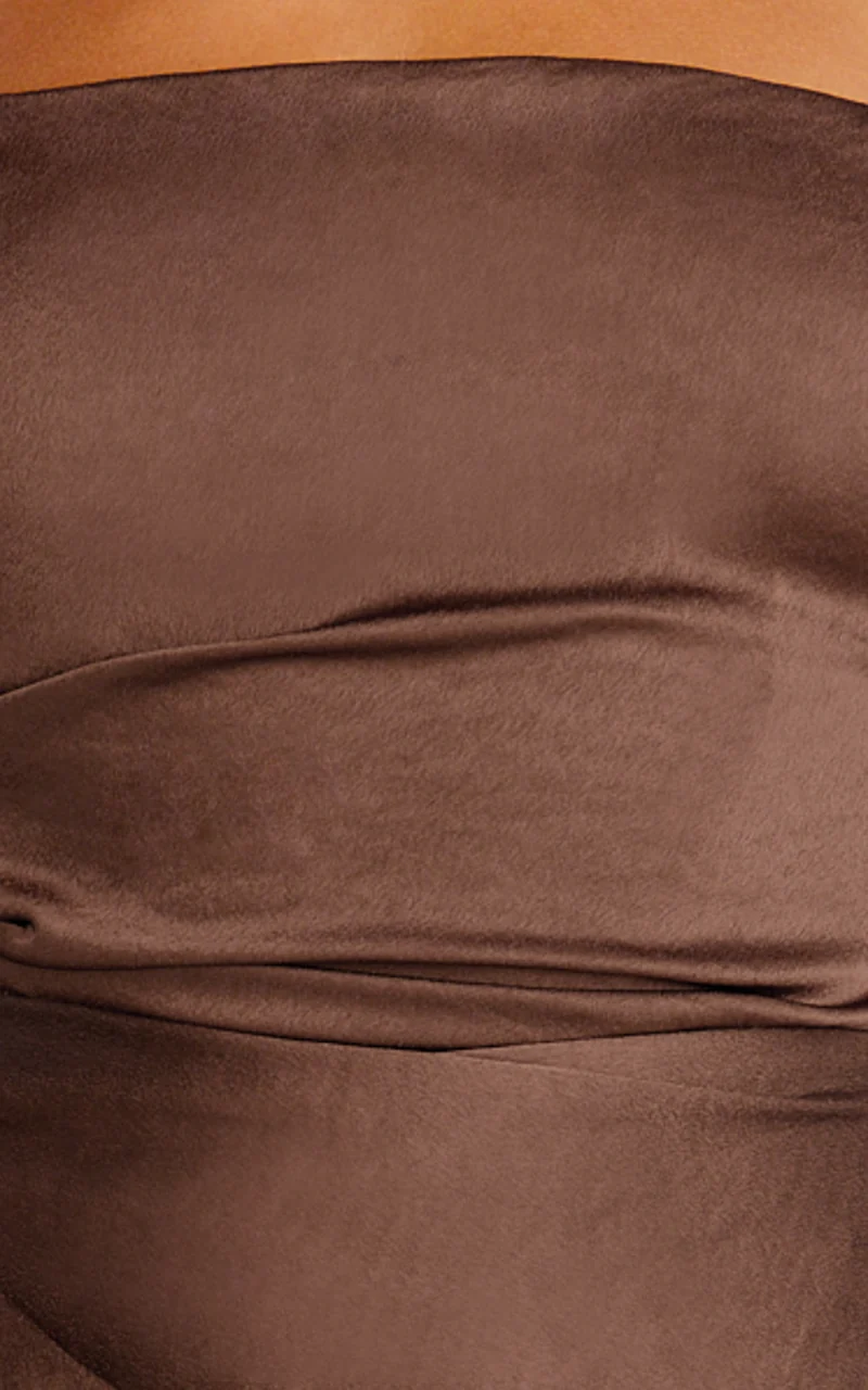 Rumi Midi Dress - Ruched Bodice Satin Dress in Chocolate