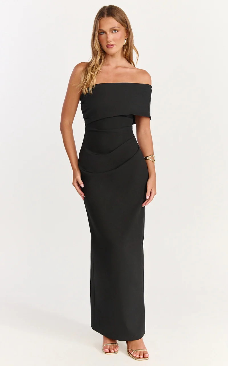 Pearce Maxi Dress - Gathered One Sleeve Bodycon Dress in Black