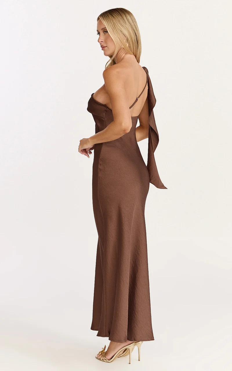 Calix Midi Dress - One Shoulder Slip Dress in Chocolate