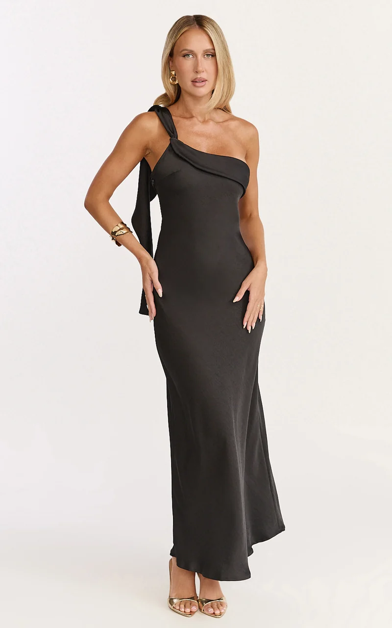 Calix Midi Dress - One Shoulder Slip Dress in Black