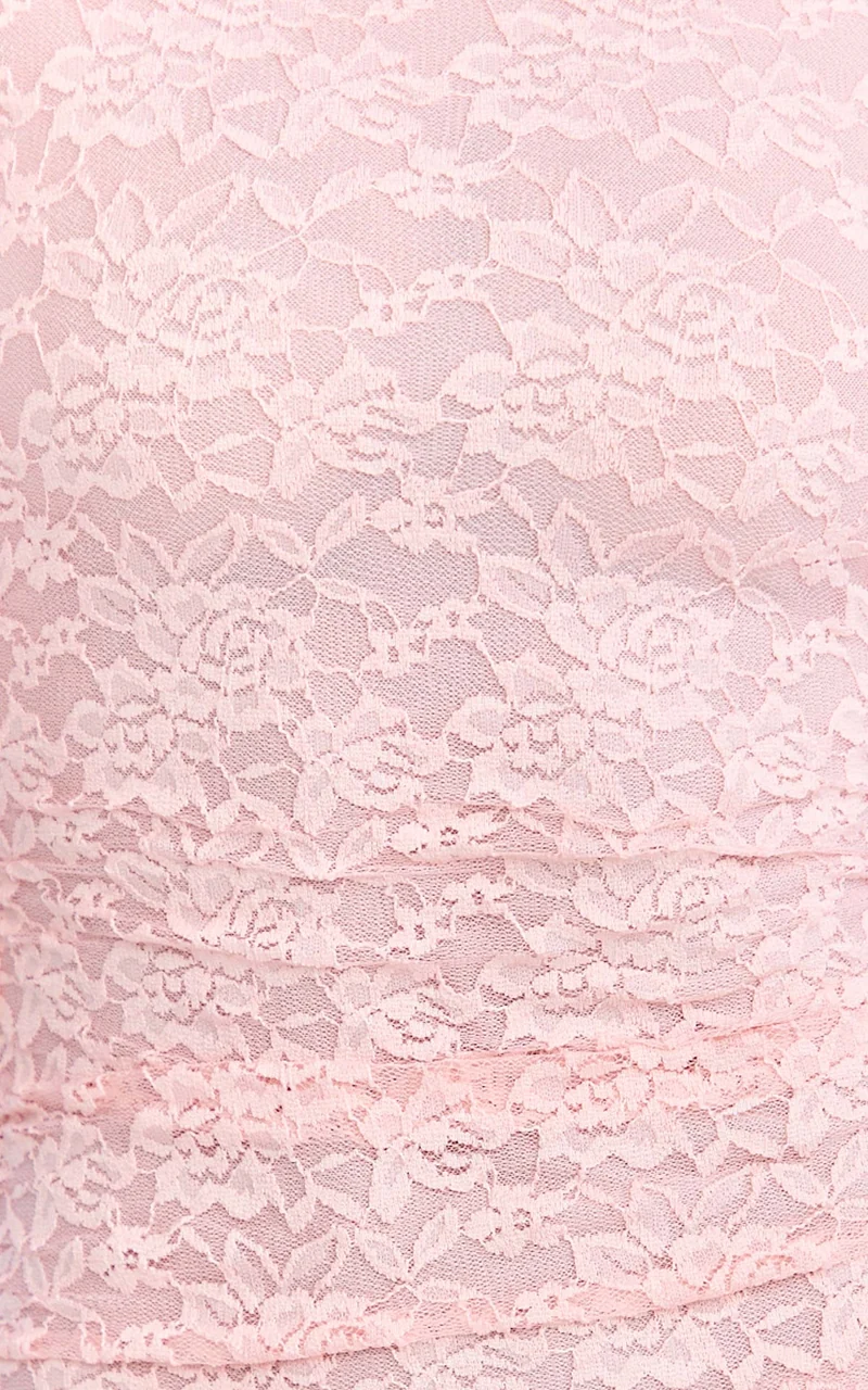 Kyra Mini Dress - Long Flare Sleeve High Neck Lace Dress in Light Pink