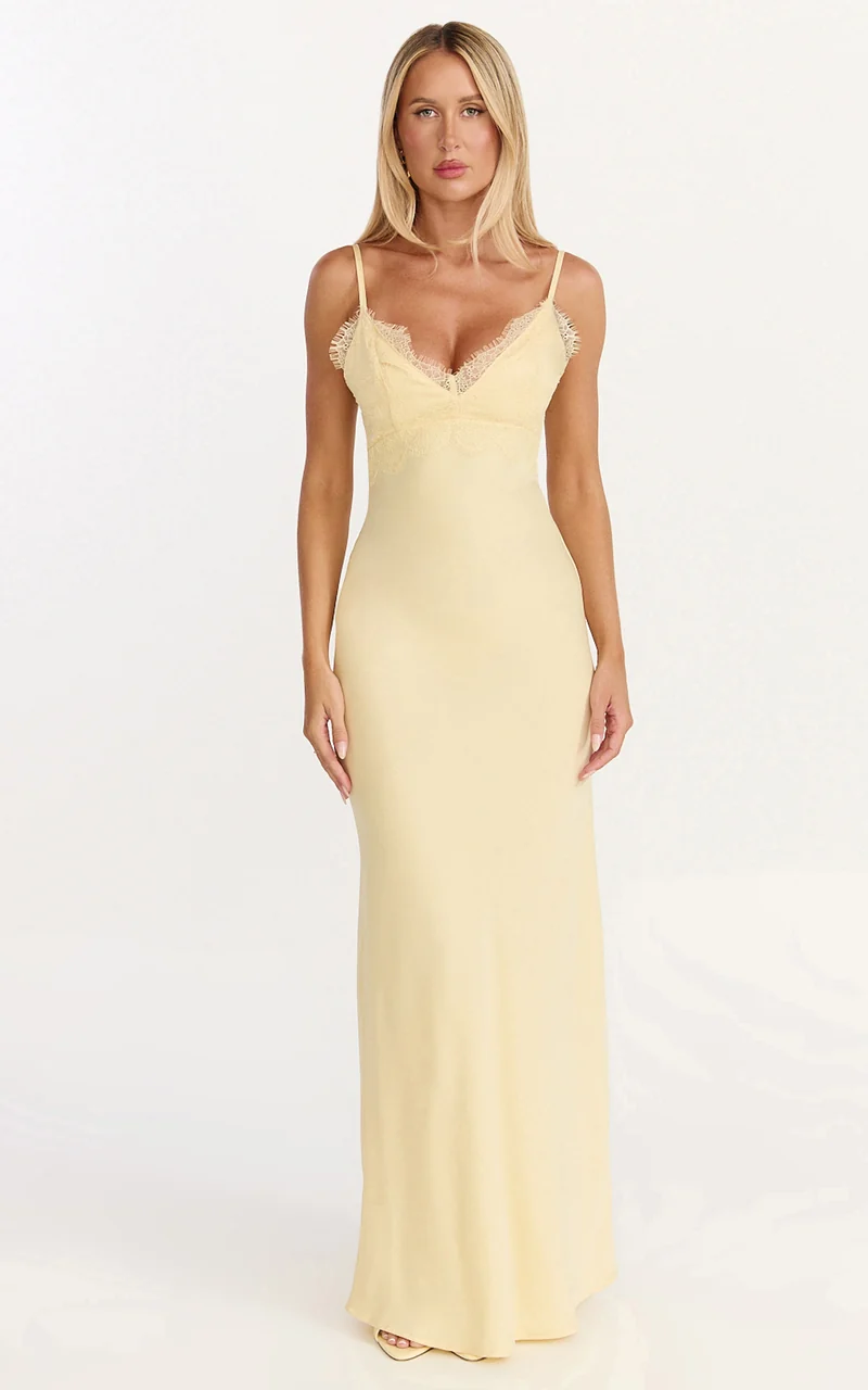 Kyra Maxi Dress - Lace Bust And Tie Back Satin Dress in Lemon