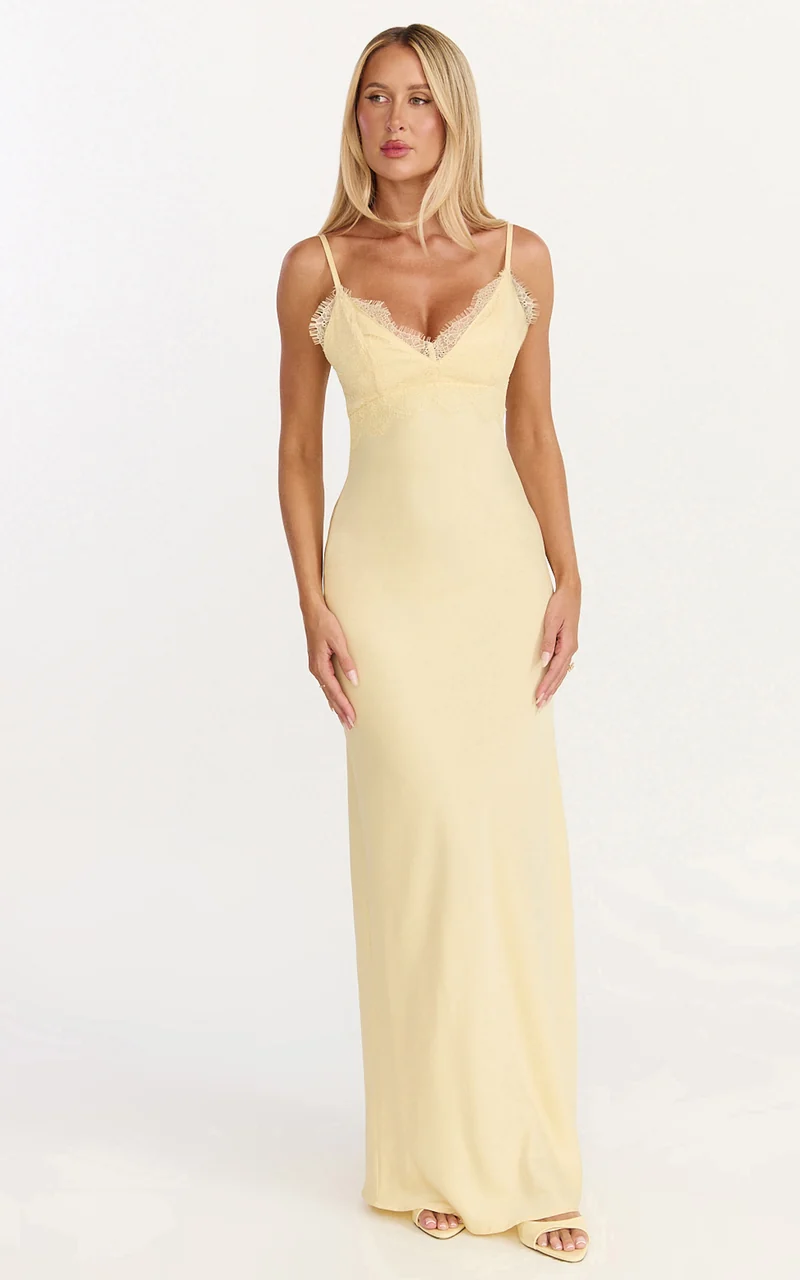 Kyra Maxi Dress - Lace Bust And Tie Back Satin Dress in Lemon