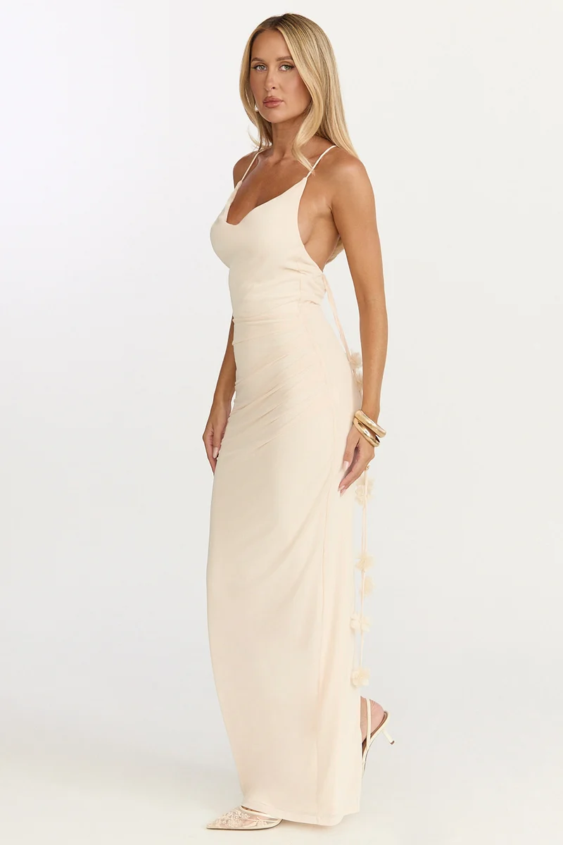 Penny Maxi Dress - Draped Cowl Neck 3D Flower Dress in Cream