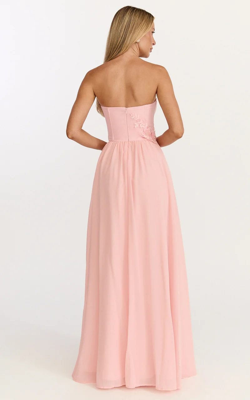 Penny Maxi Dress - Strapless Corset Bodice Floral Embellished Dress in Soft Pink