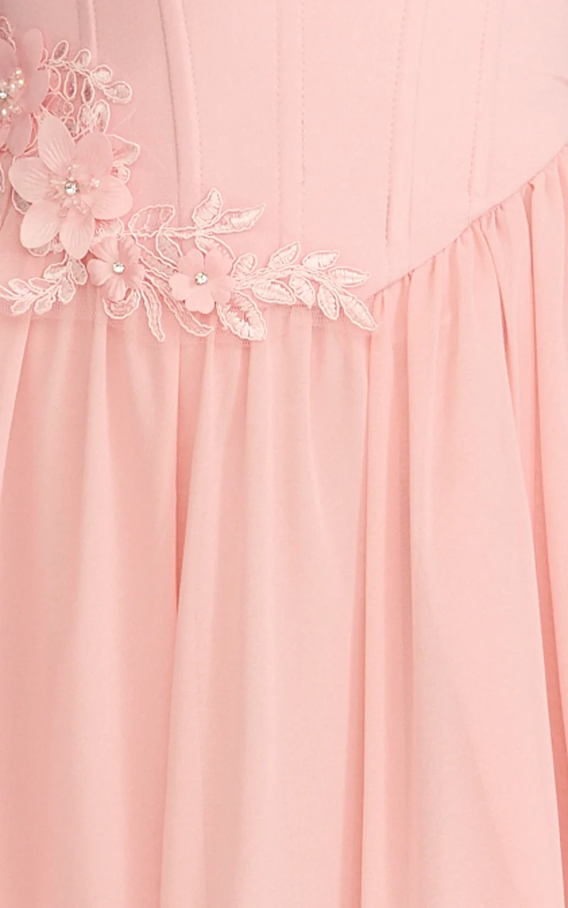 Penny Maxi Dress - Strapless Corset Bodice Floral Embellished Dress in Soft Pink