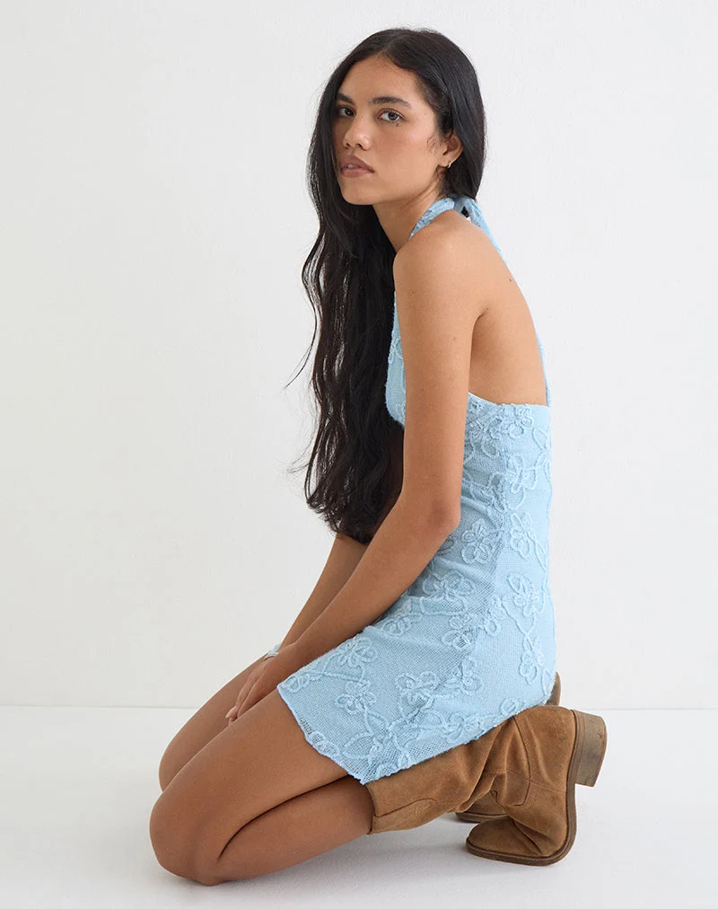 Mini-robe Codami à col licou en maille à paillettes bleu pastel