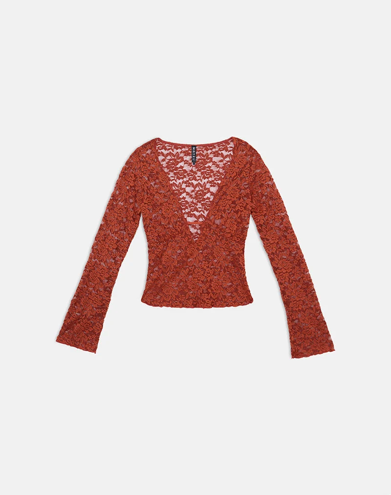 Haut à manches longues Mahota à décolleté plongeant, en dentelle et maille, couleur brique