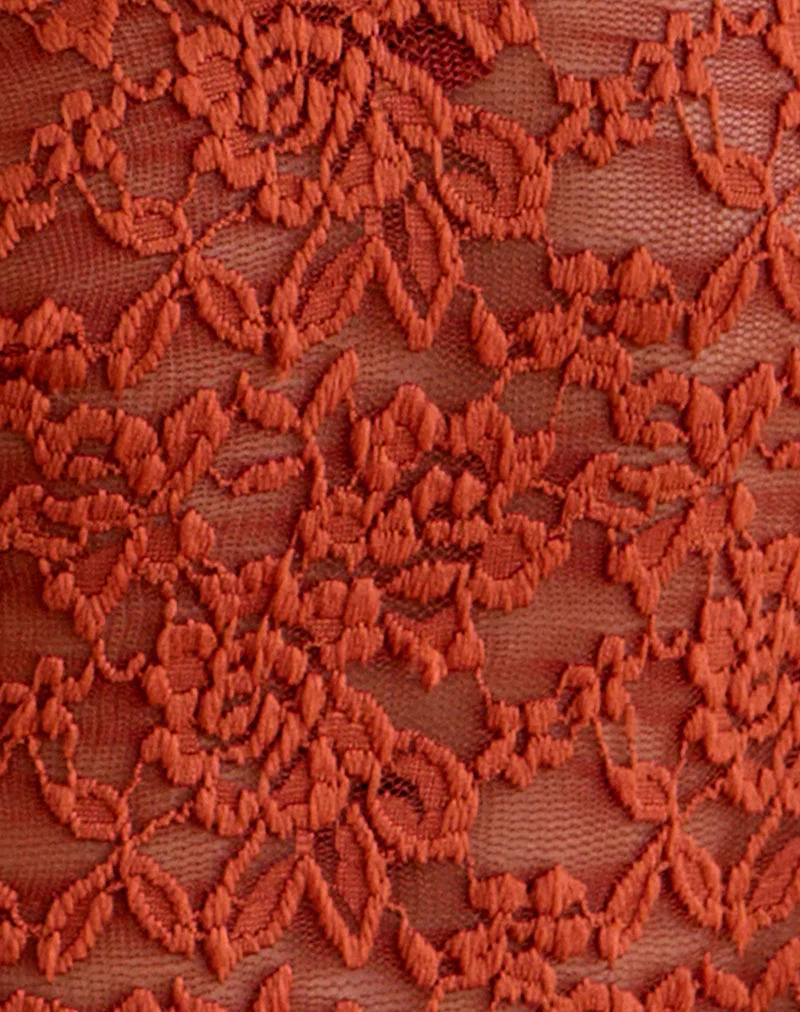Haut à manches longues Mahota à décolleté plongeant, en dentelle et maille, couleur brique