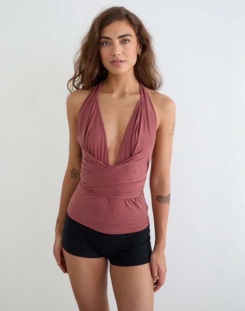 Haut à manches longues Nezuko Multi Tie en cupro, couleur rose foncé