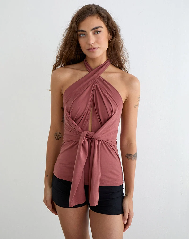 Haut à manches longues Nezuko Multi Tie en cupro, couleur rose foncé