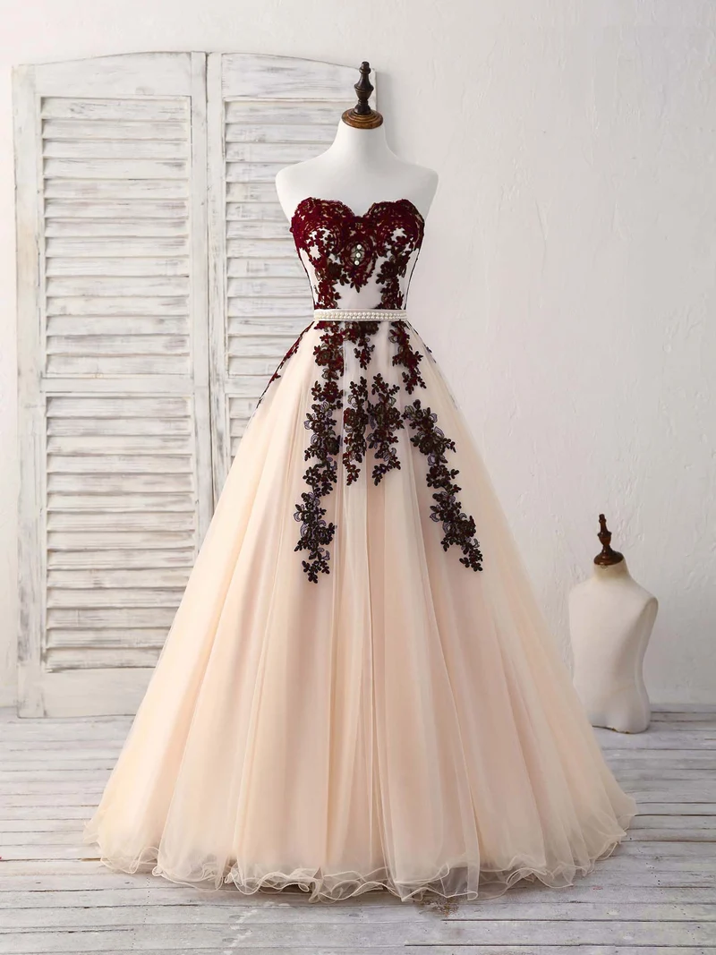 Robe de bal longue en tulle élégante à décolleté en cœur, robe de soirée bordeaux