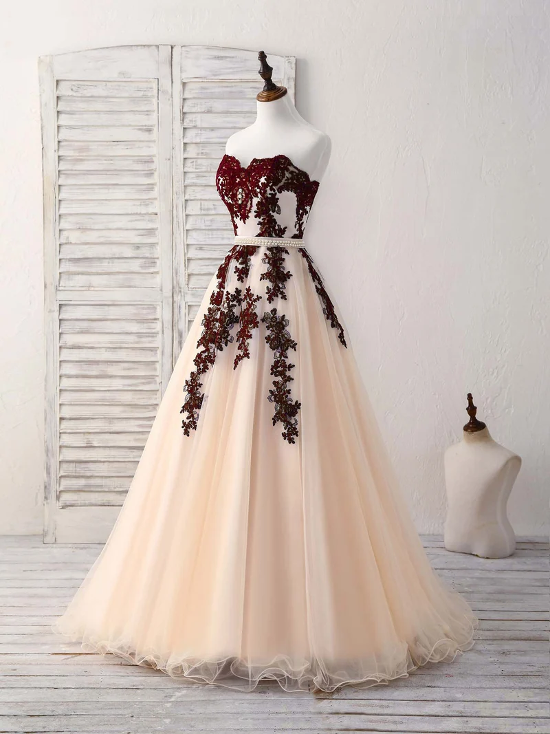Robe de bal longue en tulle élégante à décolleté en cœur, robe de soirée bordeaux