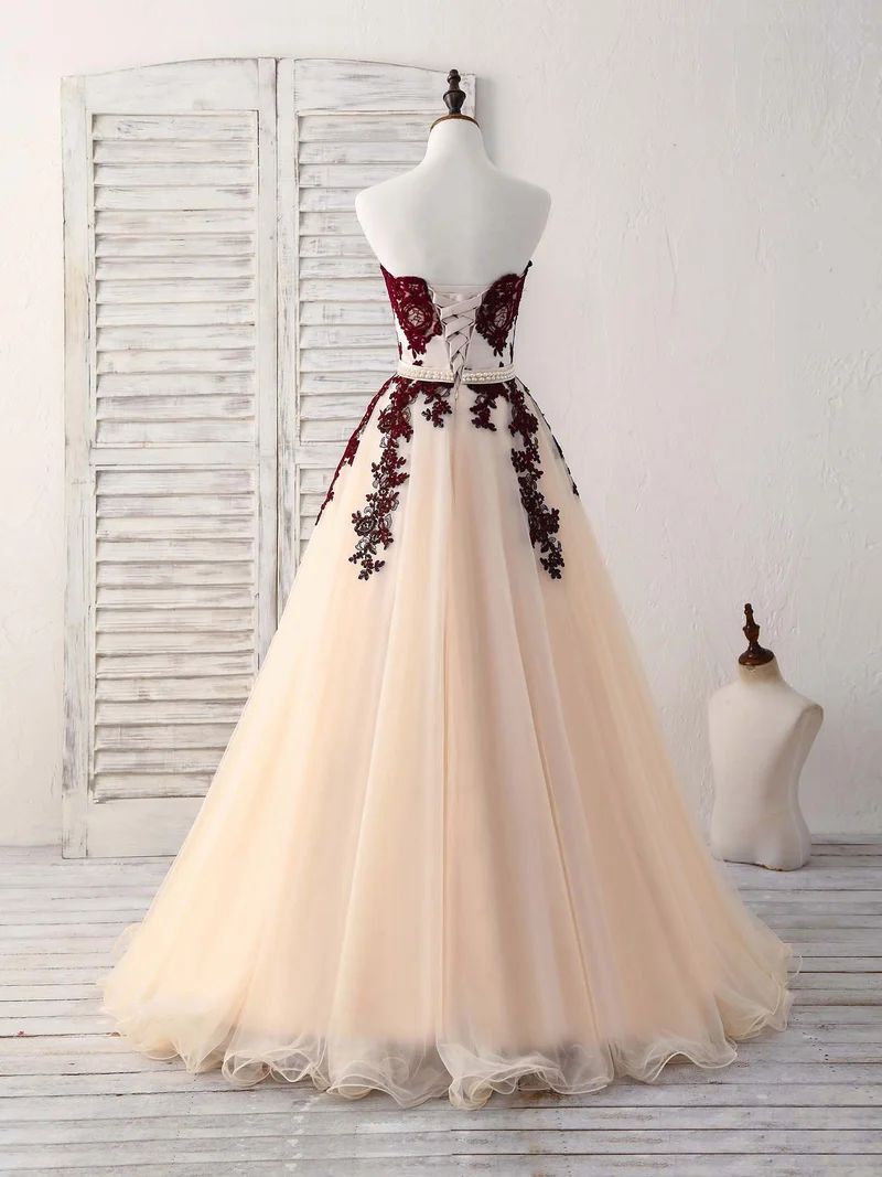 Robe de bal longue en tulle élégante à décolleté en cœur, robe de soirée bordeaux