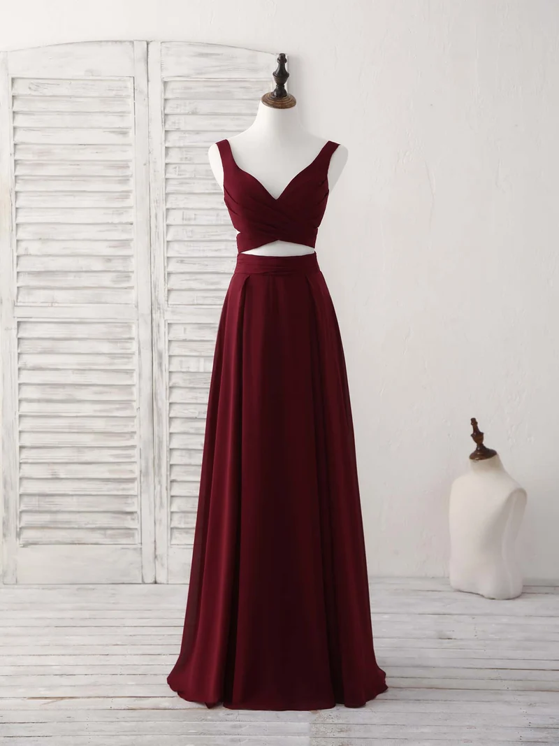 Robe de soirée élégante en mousseline bordeaux deux pièces