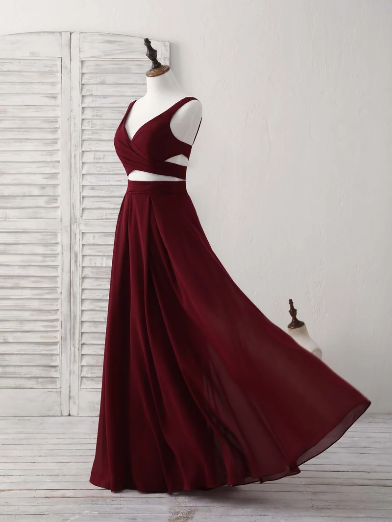 Robe de soirée élégante en mousseline bordeaux deux pièces