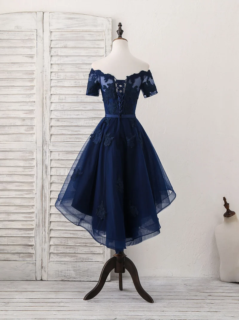 Robe de bal courte élégante en tulle bleu foncé pour les retrouvailles et les occasions spéciales