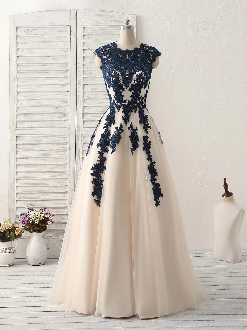 Robe de bal longue élégante en tulle et dentelle bleu foncé pour demoiselles d'honneur