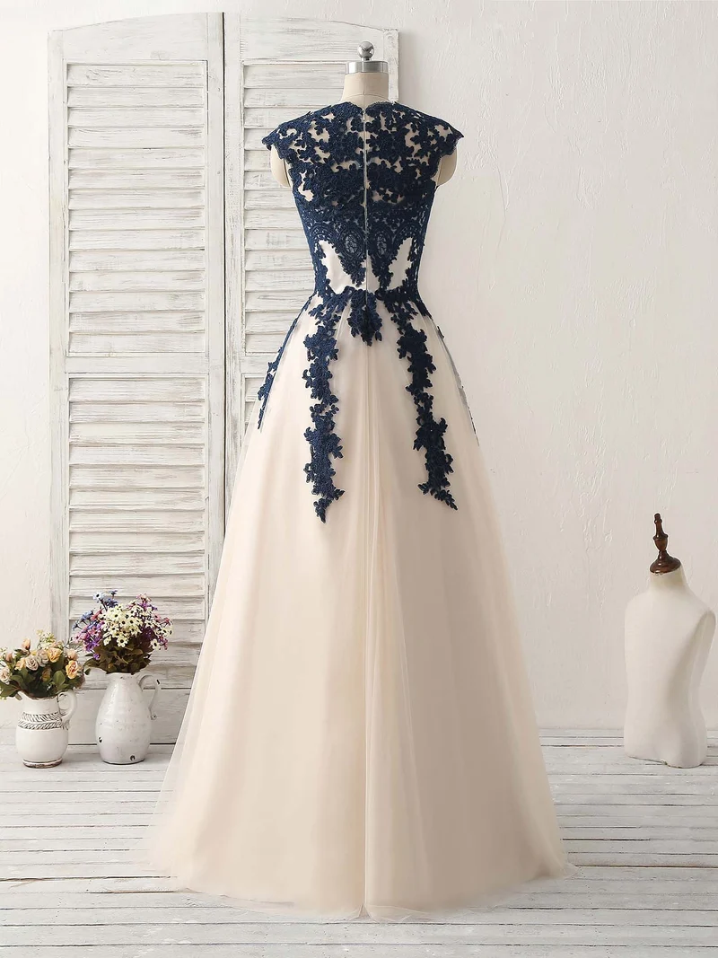 Robe de bal longue élégante en tulle et dentelle bleu foncé pour demoiselles d'honneur