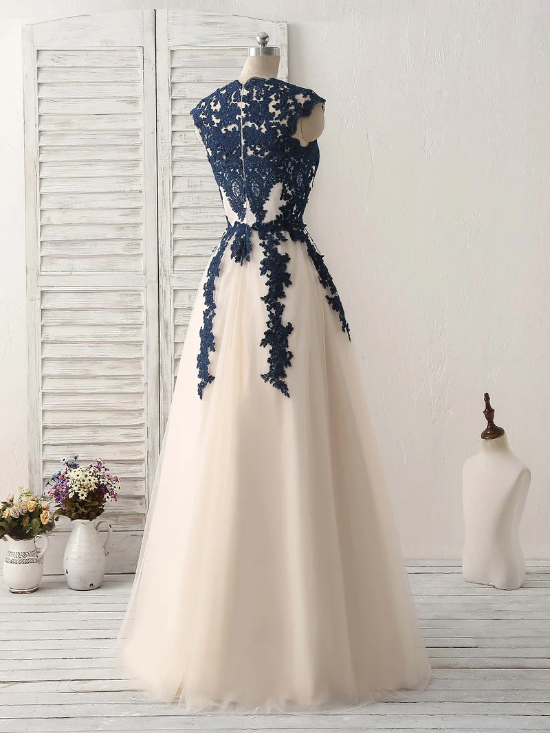 Robe de bal longue élégante en tulle et dentelle bleu foncé pour demoiselles d'honneur