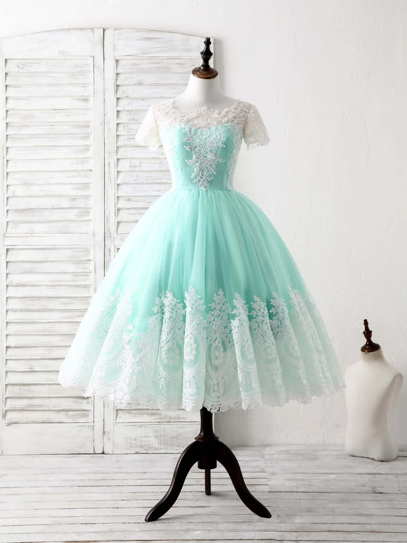 Robe de demoiselle d'honneur courte en tulle et dentelle, élégante et verte, col rond