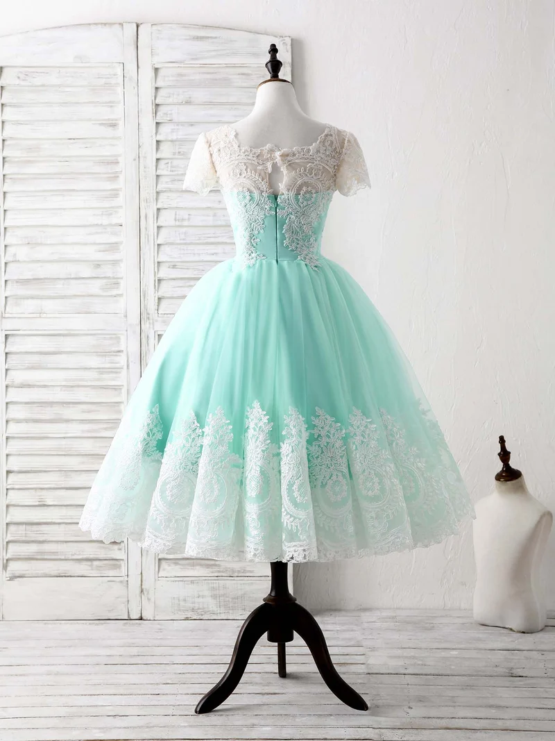 Robe de demoiselle d'honneur courte en tulle et dentelle, élégante et verte, col rond