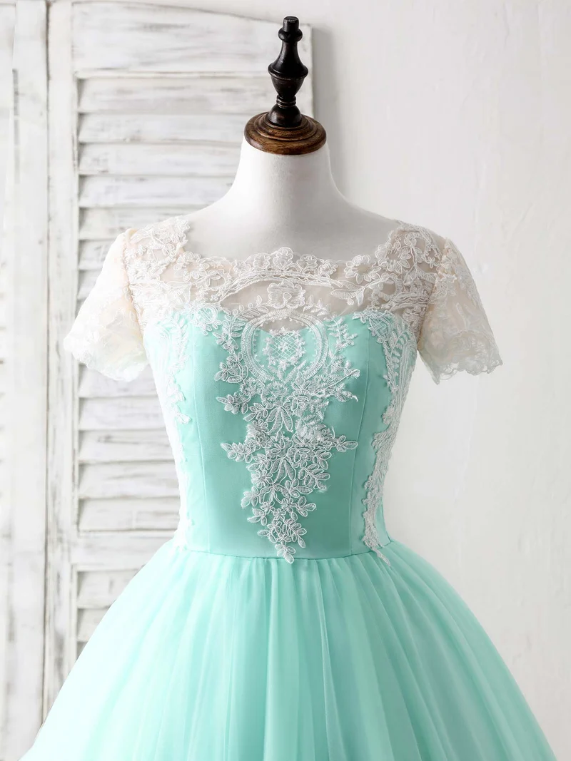 Robe de demoiselle d'honneur courte en tulle et dentelle, élégante et verte, col rond