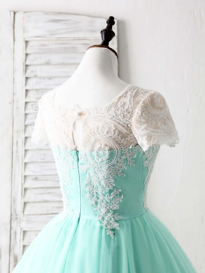 Robe de demoiselle d'honneur courte en tulle et dentelle, élégante et verte, col rond
