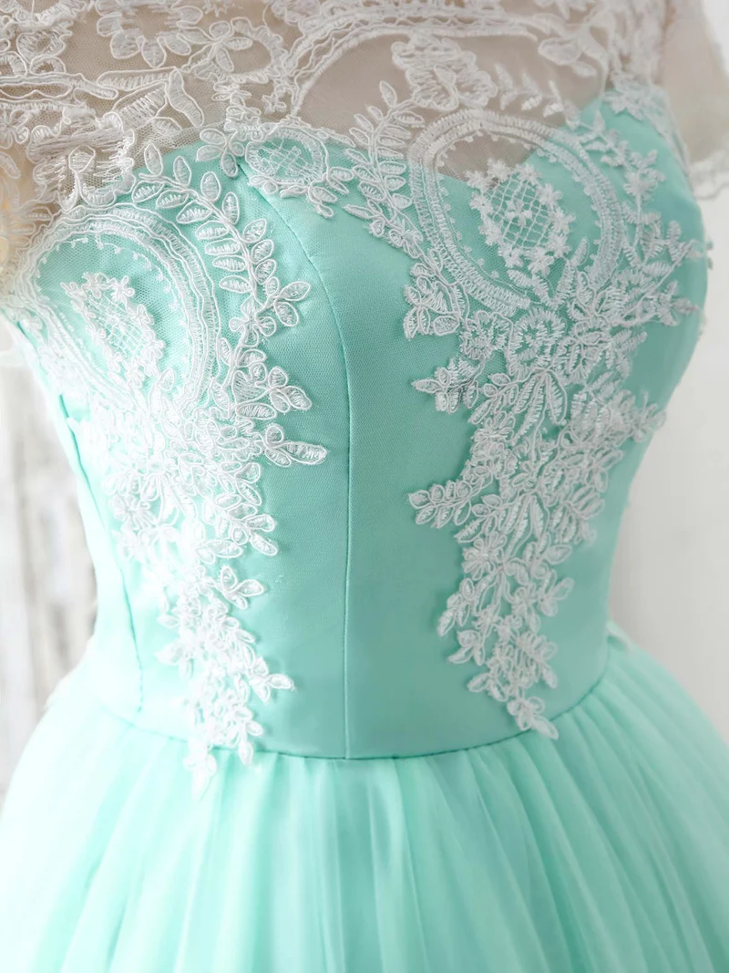 Robe de demoiselle d'honneur courte en tulle et dentelle, élégante et verte, col rond
