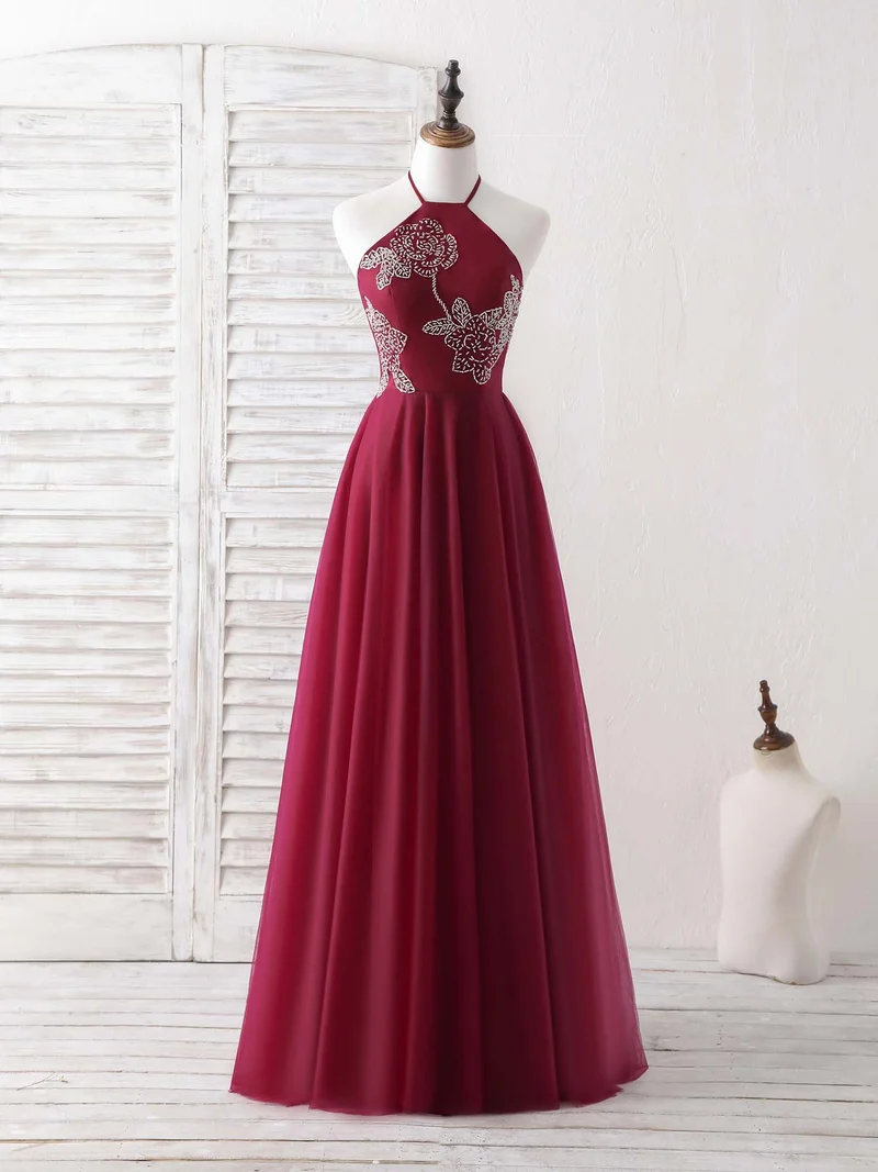 Robe de bal longue et élégante en tulle bordeaux ornée de perles, superbe robe de soirée