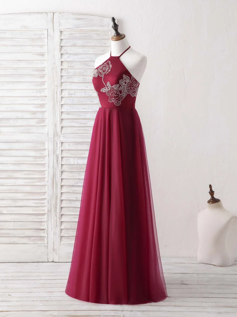 Robe de bal longue et élégante en tulle bordeaux ornée de perles, superbe robe de soirée