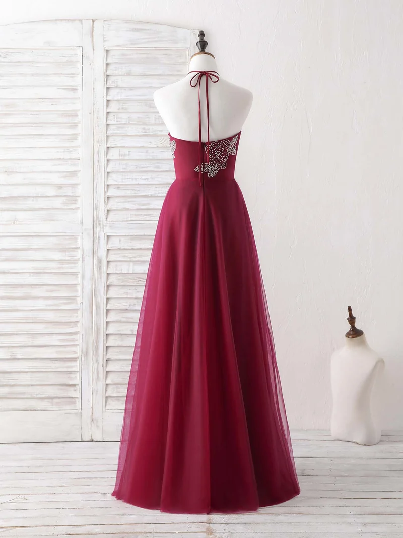 Robe de bal longue et élégante en tulle bordeaux ornée de perles, superbe robe de soirée