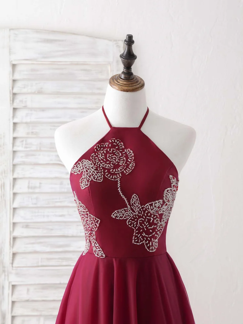 Robe de bal longue et élégante en tulle bordeaux ornée de perles, superbe robe de soirée
