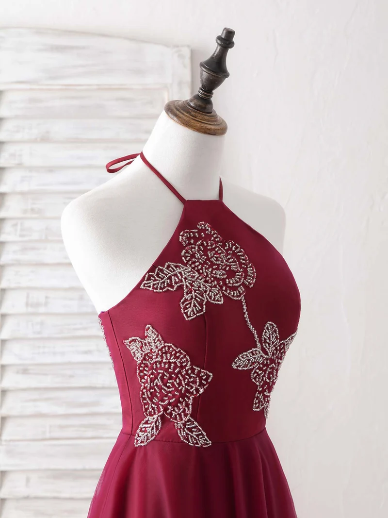 Robe de bal longue et élégante en tulle bordeaux ornée de perles, superbe robe de soirée