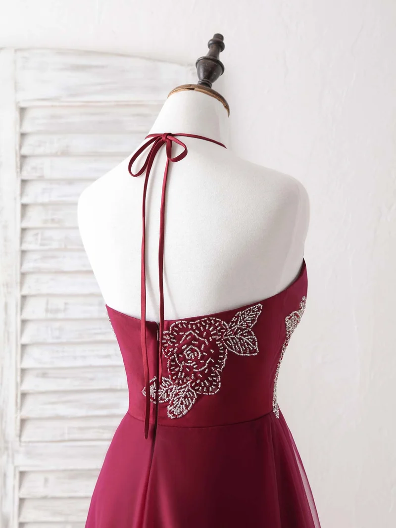 Robe de bal longue et élégante en tulle bordeaux ornée de perles, superbe robe de soirée