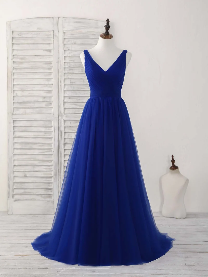 Robe de bal longue élégante en tulle bleu roi à col en V pour demoiselles d'honneur et soirées